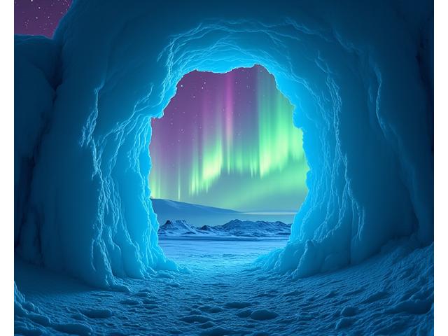 Fantastisk nordlys dansende over en glitrende isgrotte i Arktis