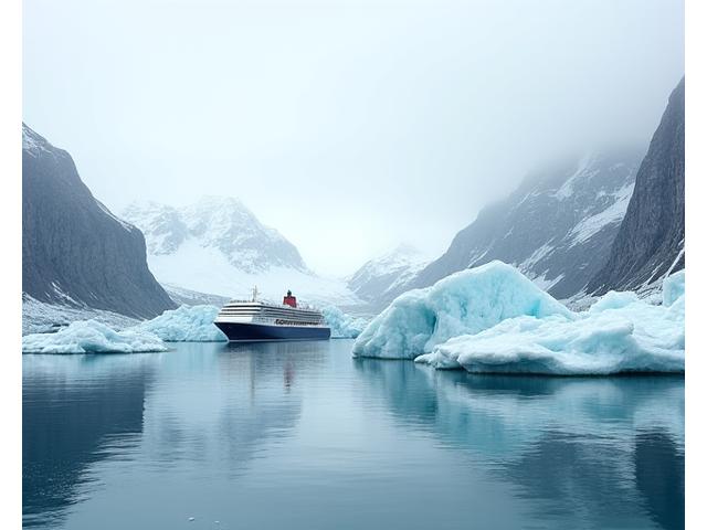 Et ekspeditionskrydstogtskib navigerer gennem isfyldte fjorde ved Svalbard